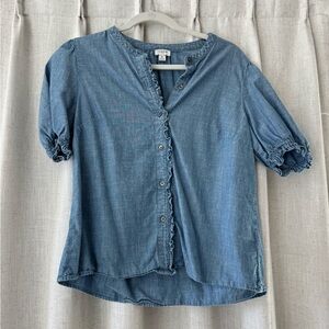J. Crew Factory Denim Blue Ruffle Button-Down Shirt